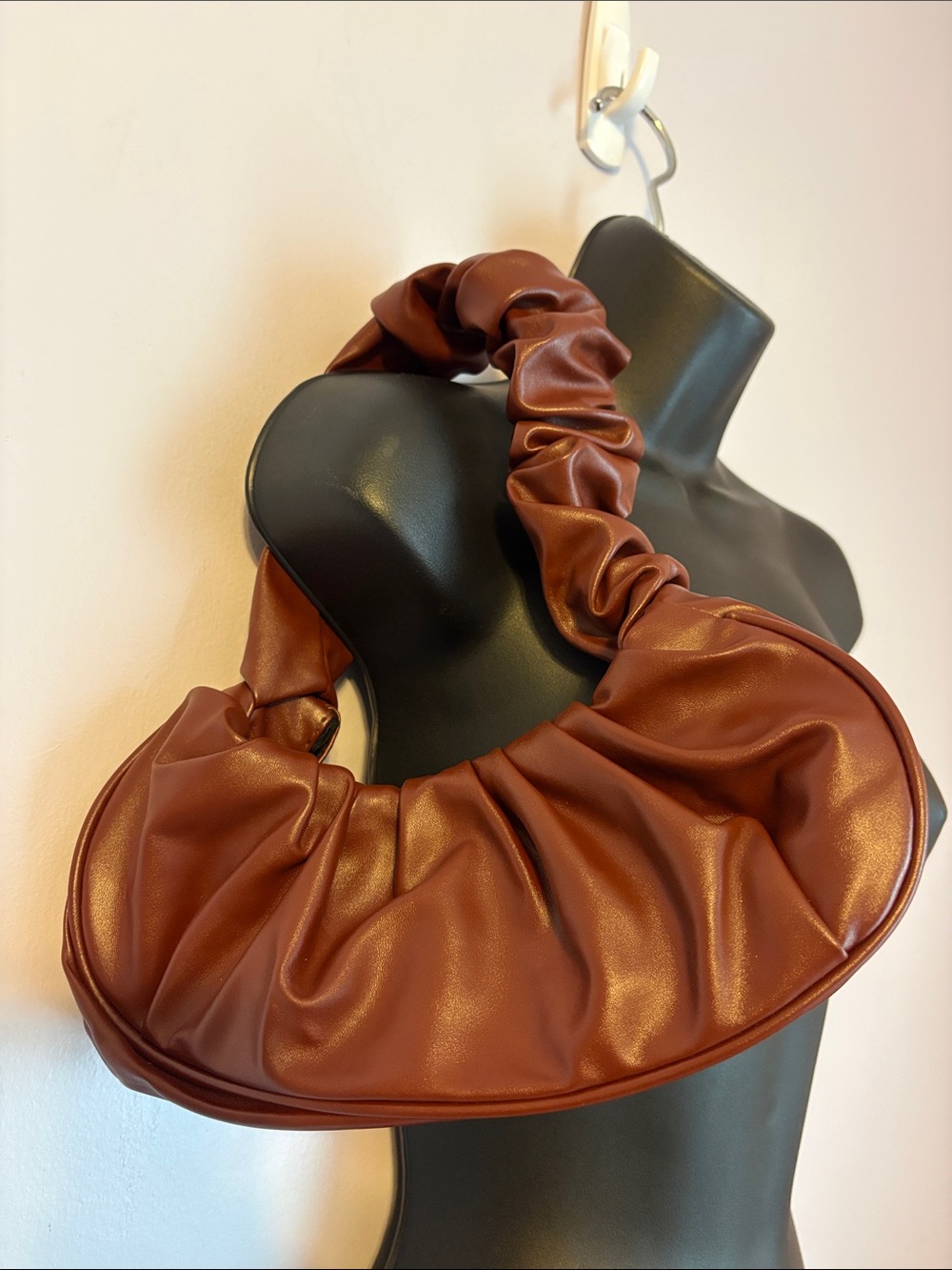 Unbranded Vegan Leather Brown Red Pleated Gathered Detail Mini Shoulder Bag